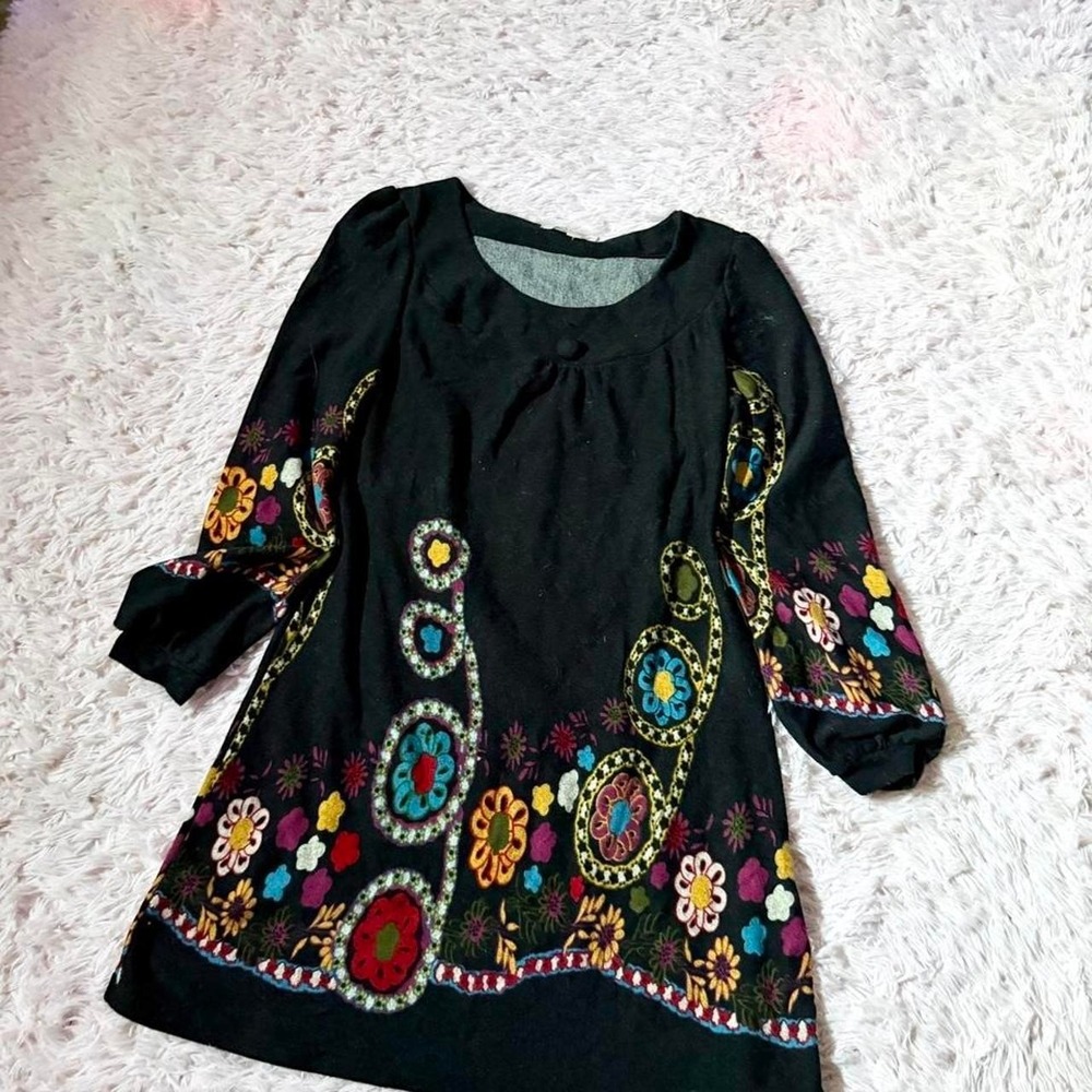 Bohemian Retro Hippie Polka Dot Floral Art to Wear Groovy Sweater Dress Womens M